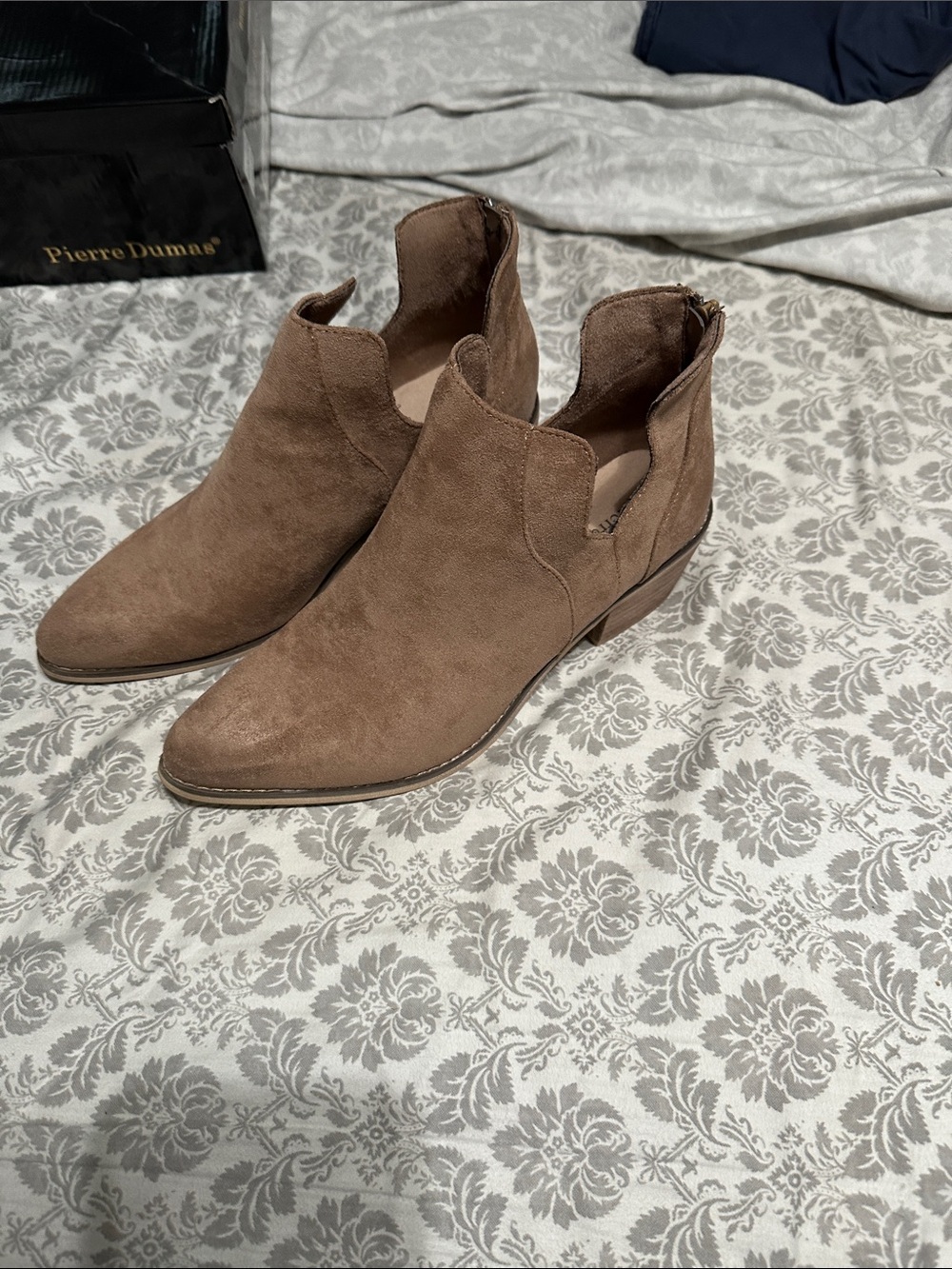 Pierre Dumas Taupe Suede Cutout Ankle Booties